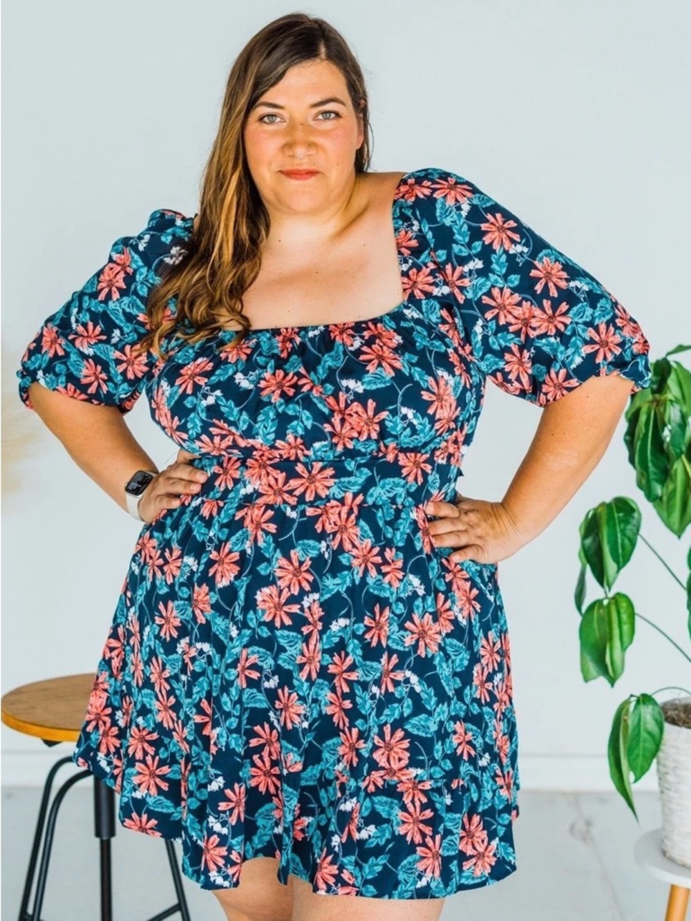 Umgee Navy Floral Square-Neck Puff Sleeve Dress with Coral Flowers